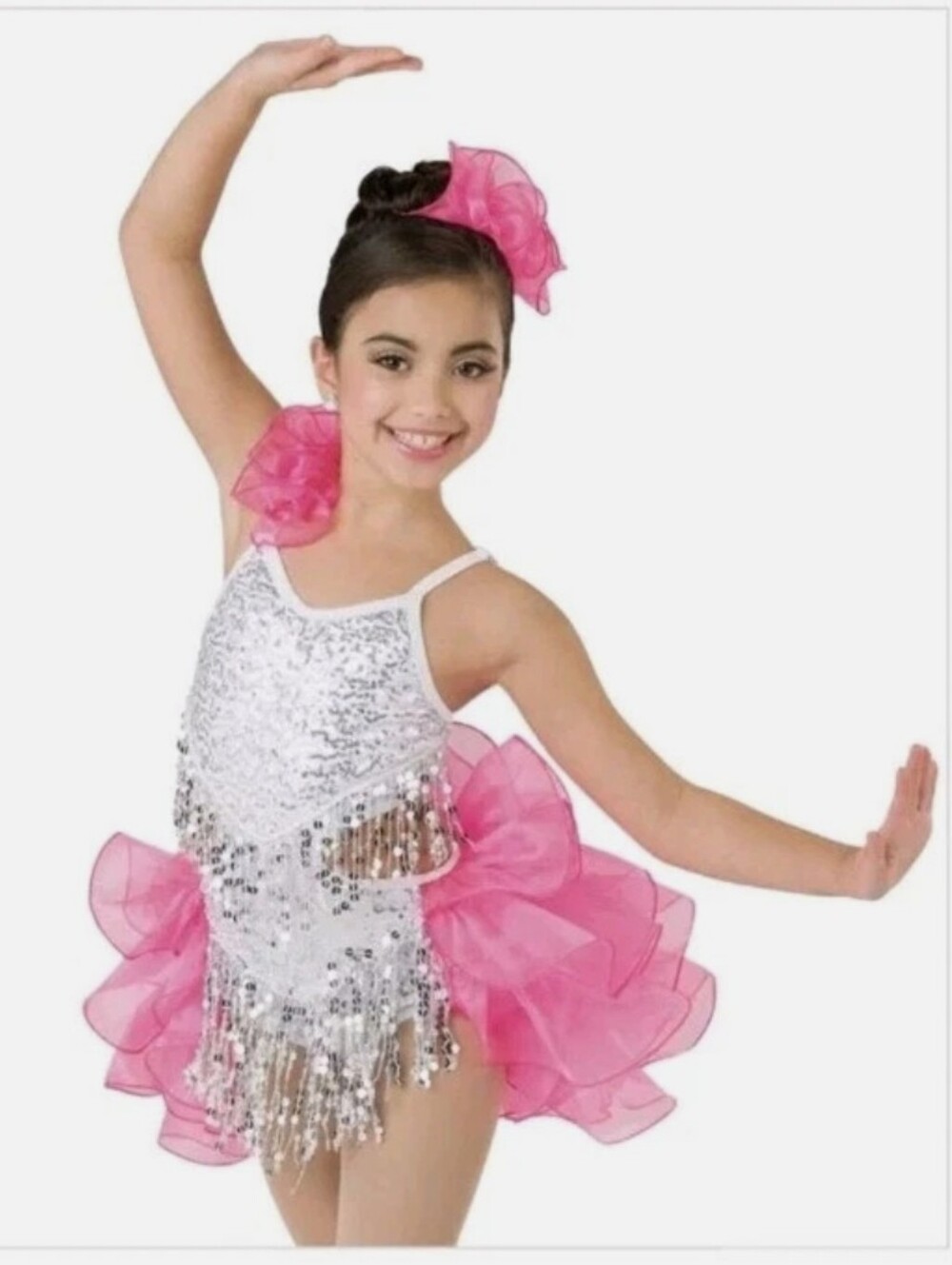 Girls Silver Sequin & Pink Ruffle Dance Costume